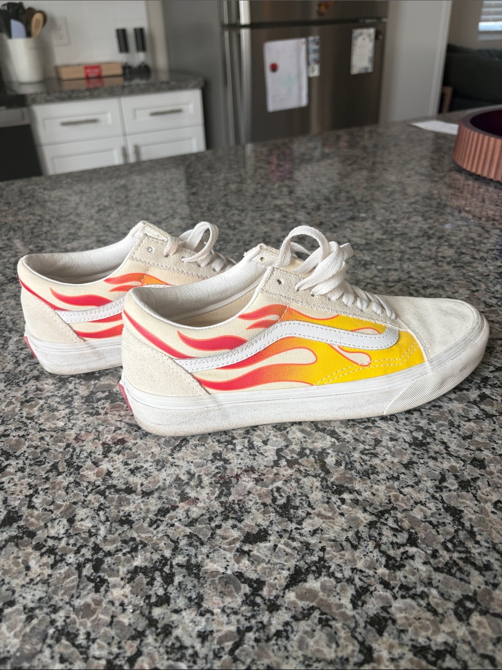 Vans White Low-Top Sneakers with Yellow & Red Flame Accent